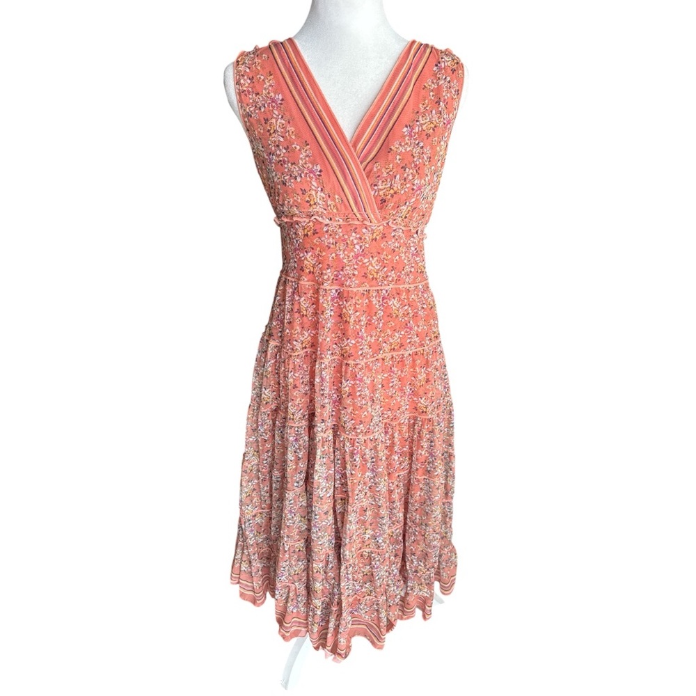 Max Studio Tiered Floral Midi Dress Orange Peach Ruffled Boho Dress - Picture 2 of 8